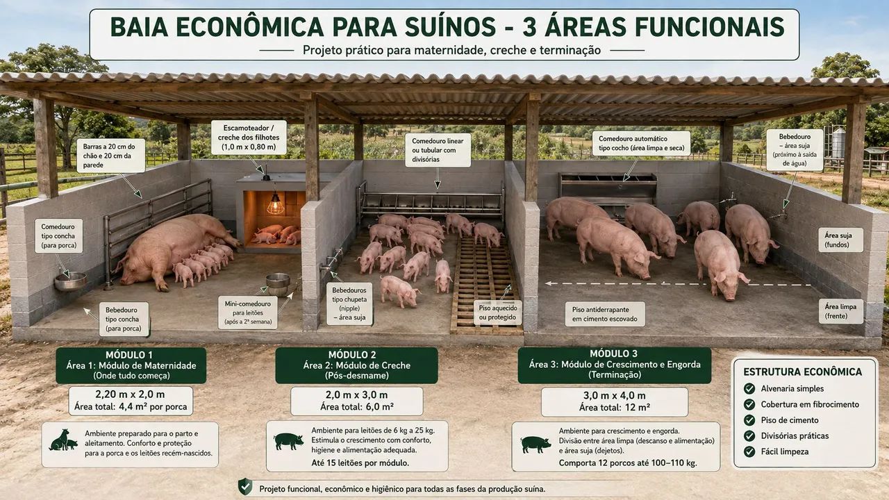 Baia para suínos 8m x 3m com maternidade, creche e engorda 