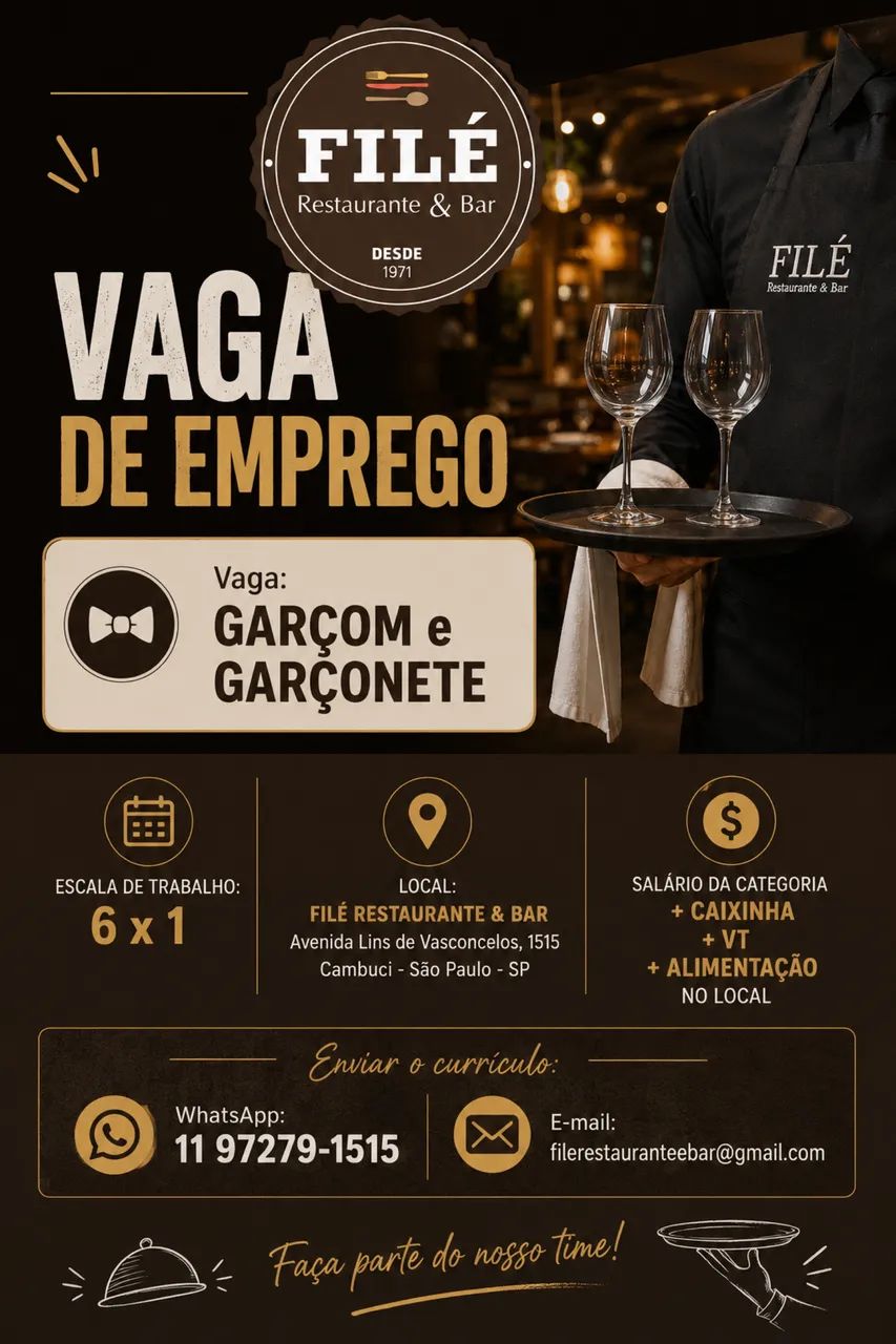 Vaga de emprego: GARÇOM / GARÇONETE 