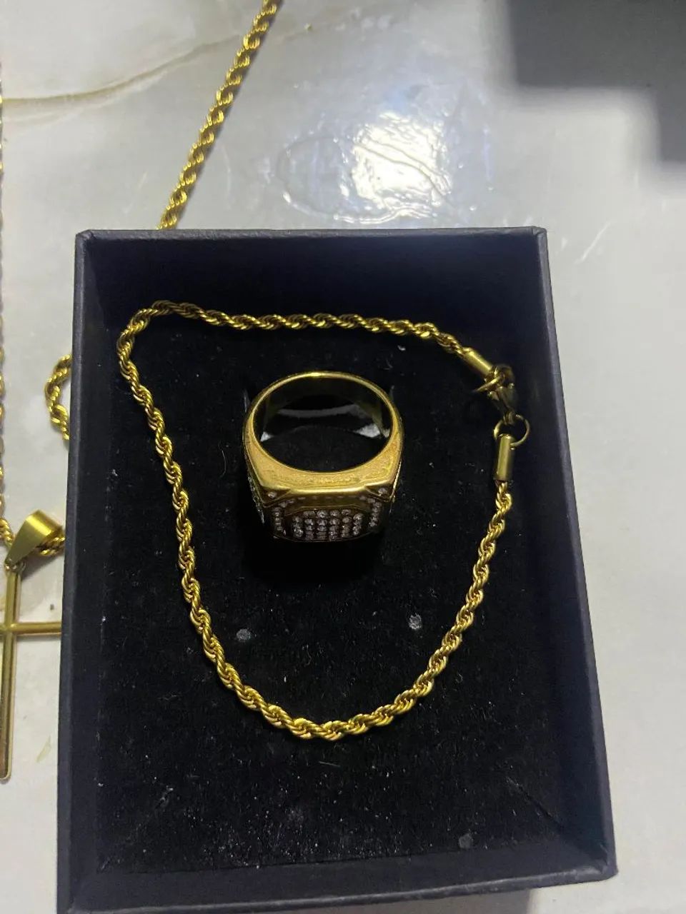 Kit relógio, cordão, pulseira e dedeira banhado - Foto 4