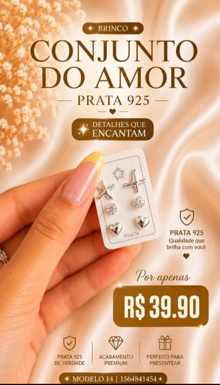 Trio de Brincos Conjunto do Amor Prata 925