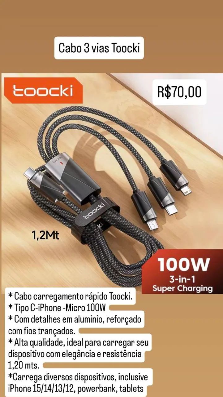 Cabo 3 em 1 100W Toocki - Super Carregamento Rápido