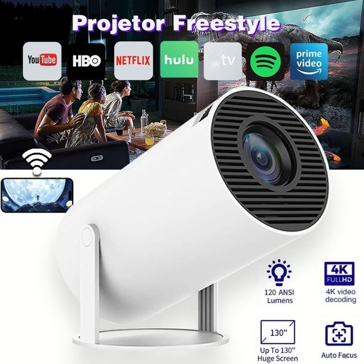 Projetor Freestyle Portátil 4K - Perfeito para filmes e jogos!