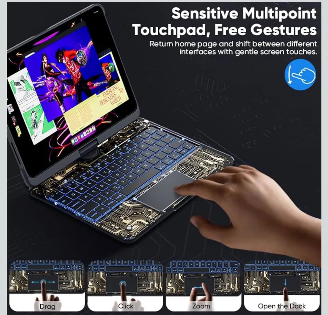 Case para iPad com Teclado e Touchpad - Tela sensível, gestos e design moderno