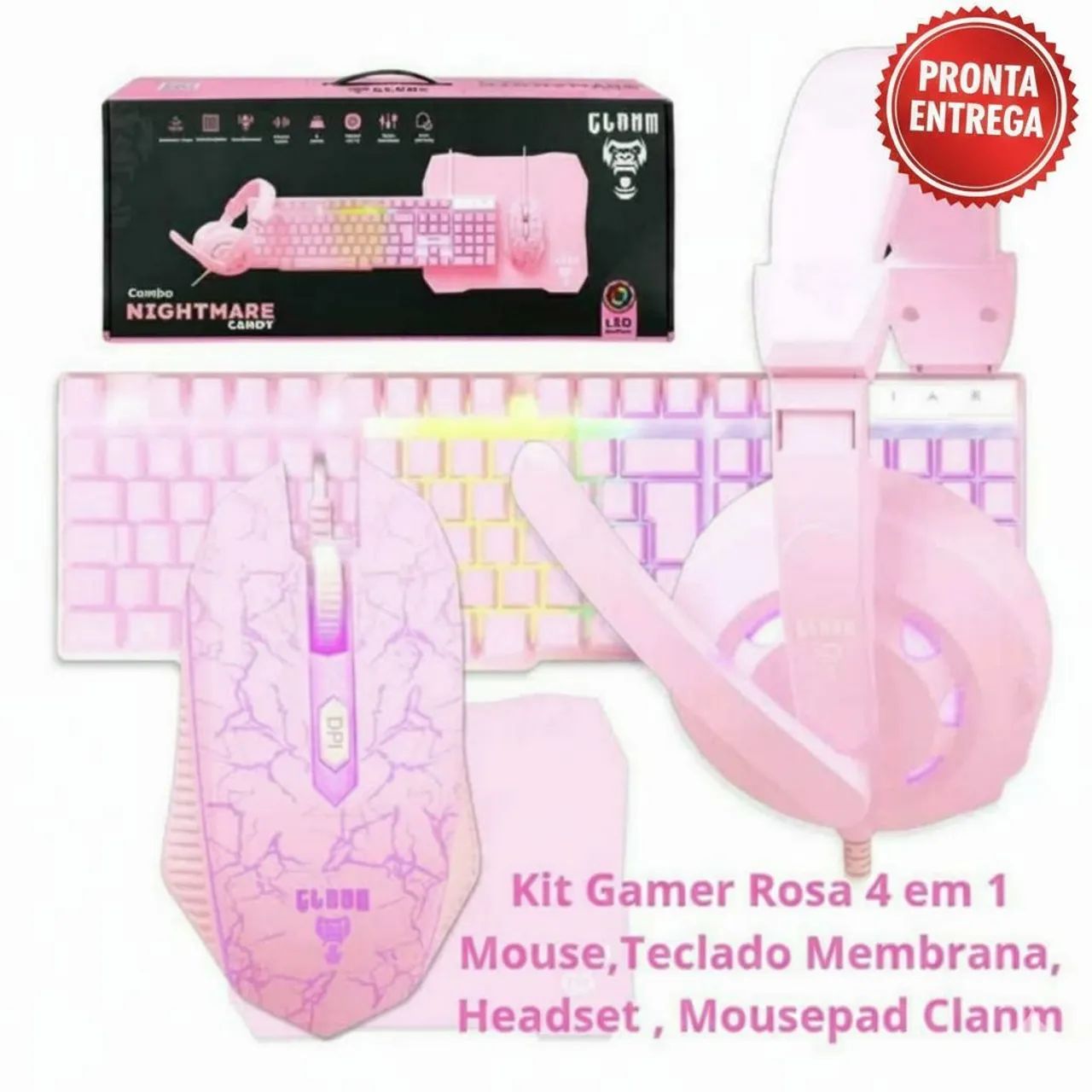KIT GAMER ROSA 4 EM 1 MOUSE, TECLADO, HEADSET, MOUSEPAD CLANM PROMOÇÃO R$220 - Foto 2