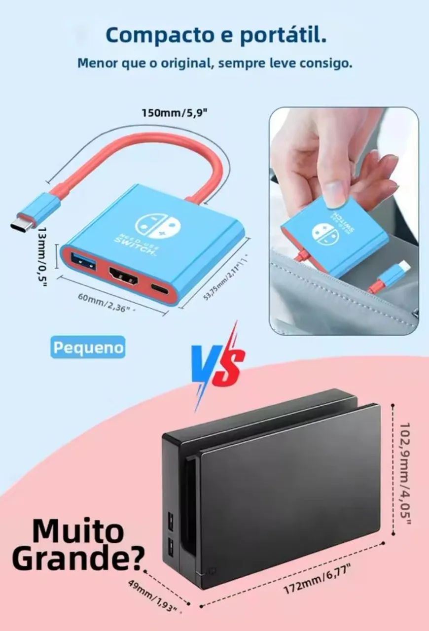 Dock 3 em 1 com HDMI para Switch, PC e Smartphone - Foto 3