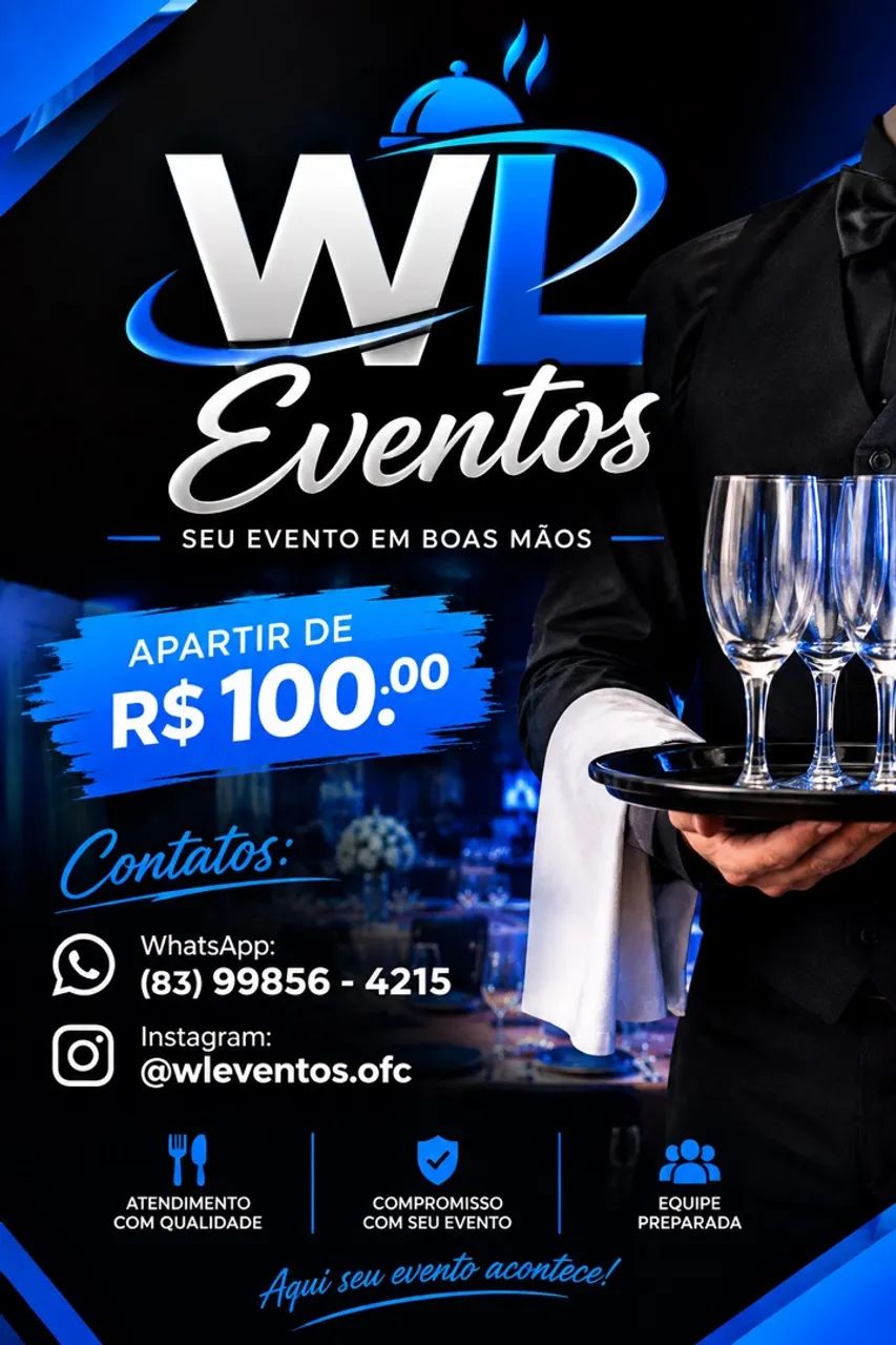 Serviço de garçom sem entrada pagamento após o evento 