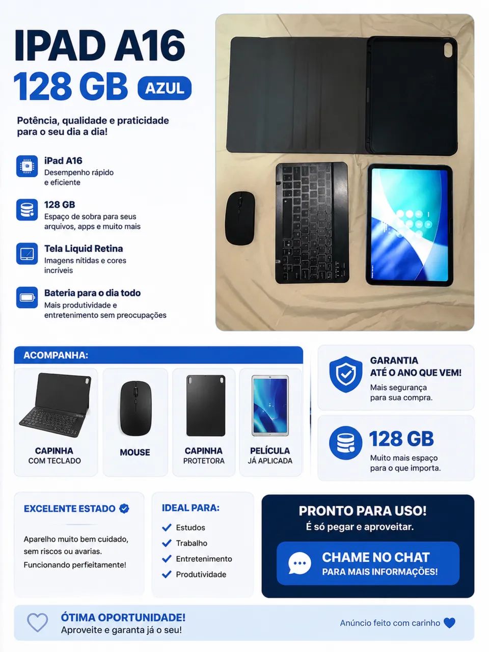 iPad A16 128 GB Azul - Excelente estado + Acessórios