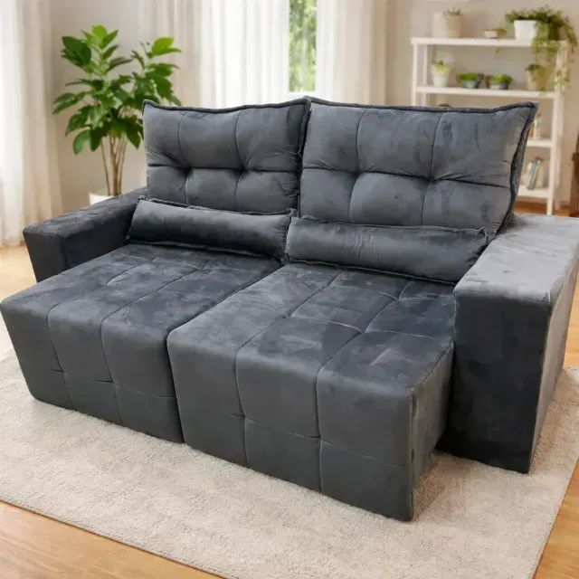 Sofá Modelo Lisboa Cinza com Assento Retrátil e Encosto Reclinável