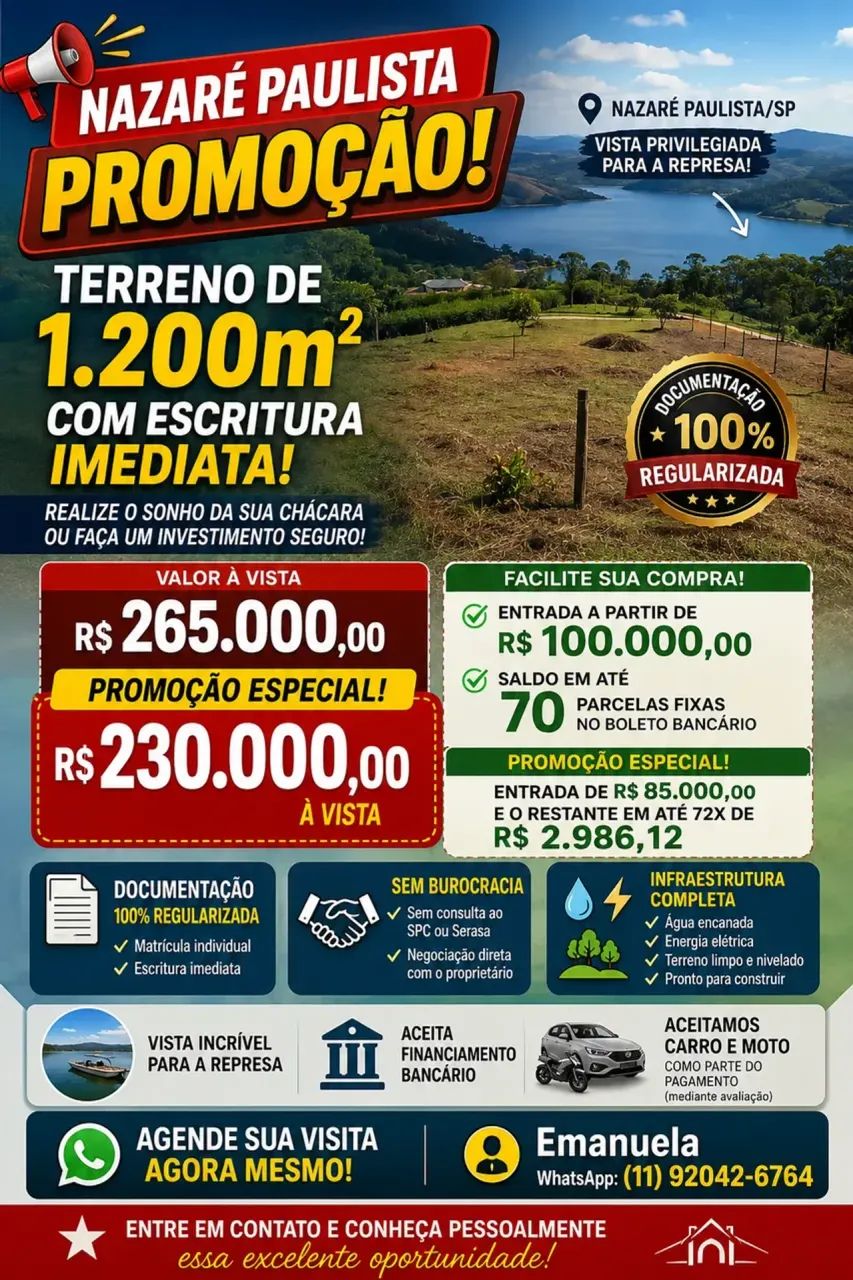 Terreno a Venda! Lote de 1200m e 800m da Represa
