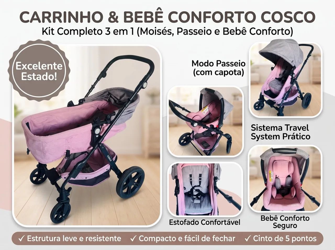 Carrinho de bebê com bebê conforto
