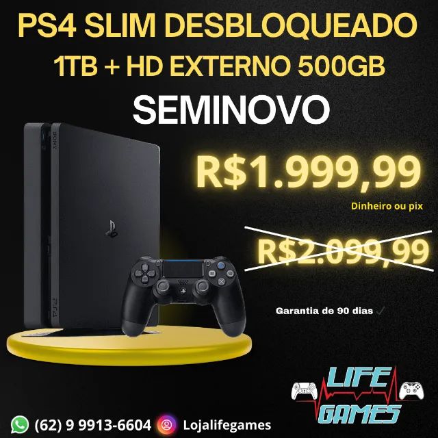 Playstation 4 SLIM 1TB + HD Externo 500GB seminovo desbloqueado com garantia, loja física 