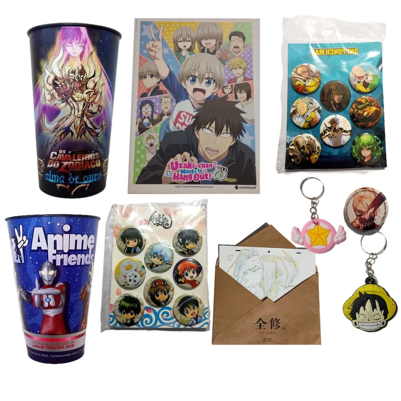 kit anime friends copo bottons chaveiro saint seiya gintama saitama one piece otaku geek