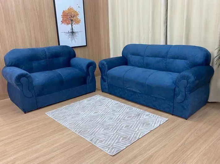 Conjunto de Sofá 2 e 3 Lugares Suede Azul 