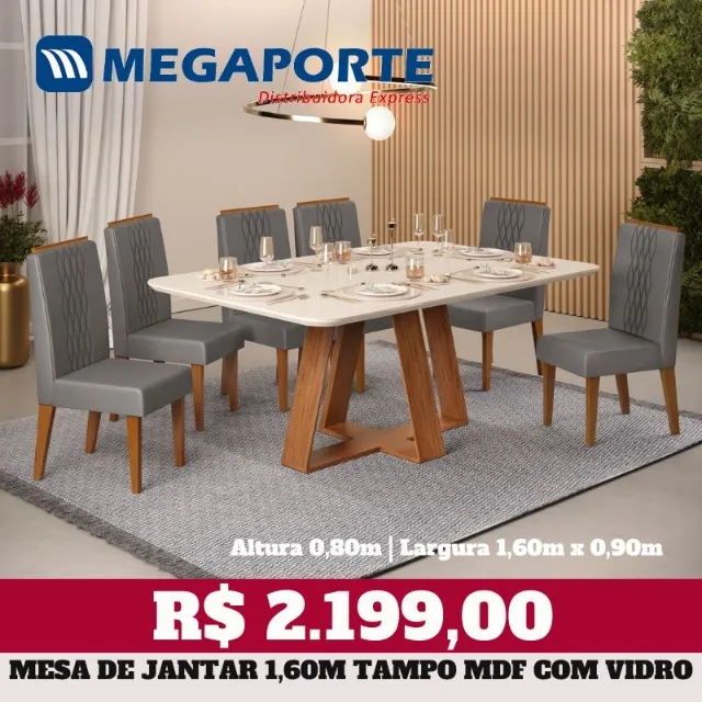 Mesa de Jantar 6 Cadeiras com Tampo de Vidro 1,60m (Novo) Entrega Grátis!