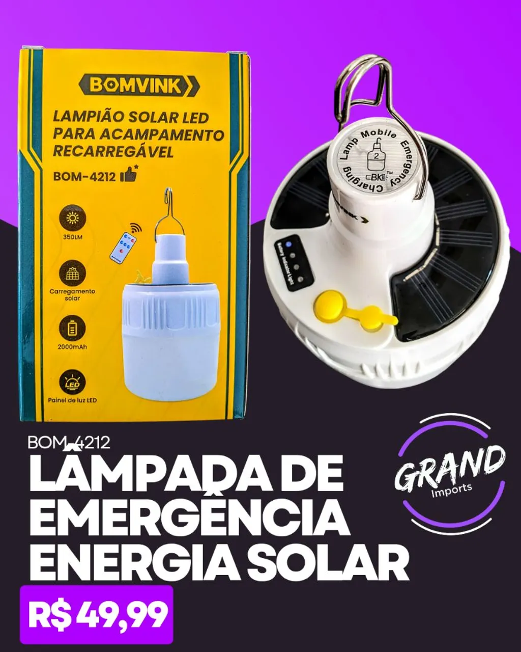 Lâmpada Solar de Emergência Recarregável - Iluminação Potente