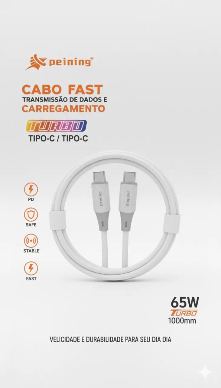 Cabo Peining Tipo-C x Tipo-C Fast Turbo 65W - 1m - Foto 2