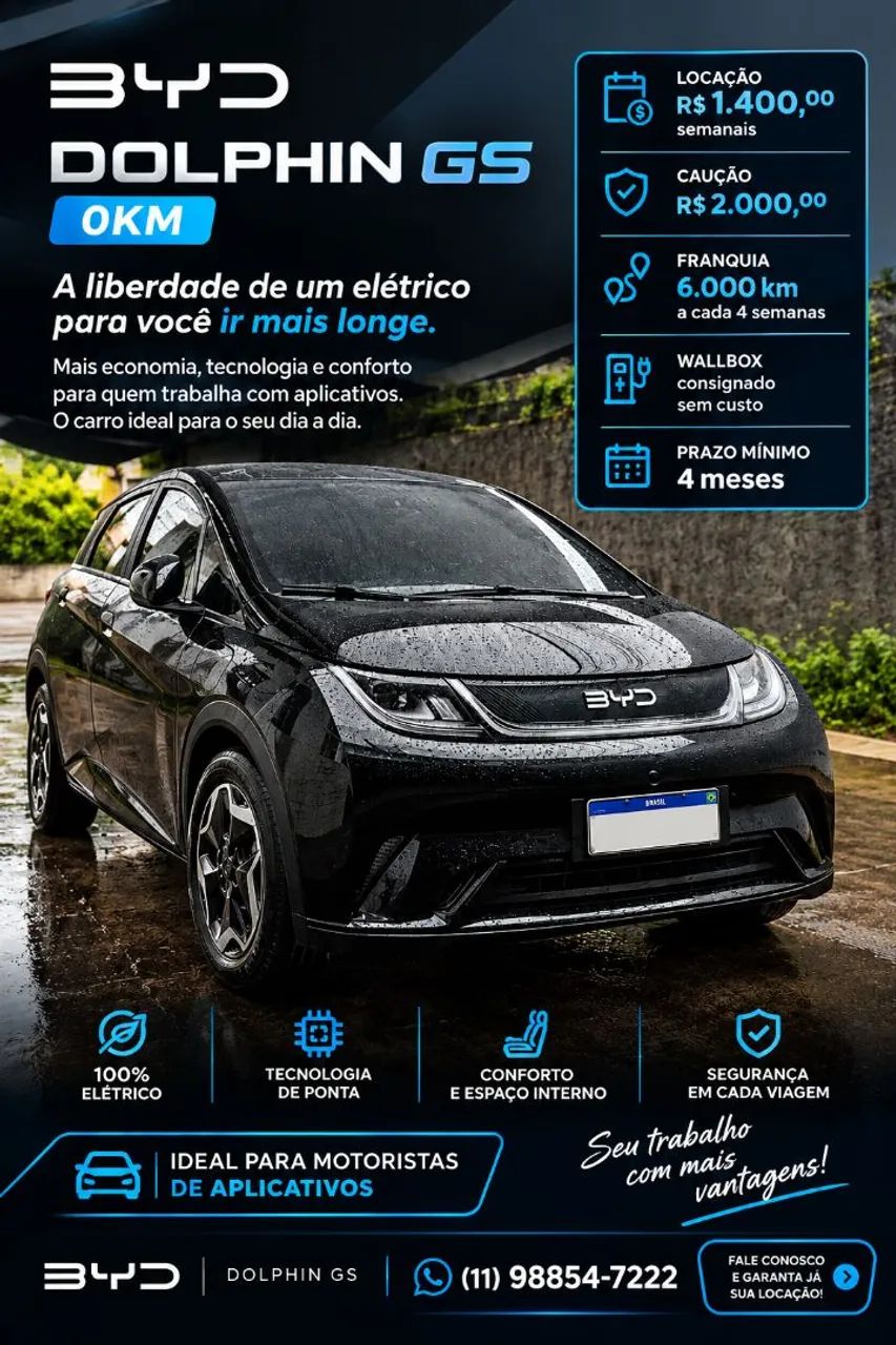 Locação Veículo Carro BYD Dolphin GS Elétrico e Onix Plus Premier