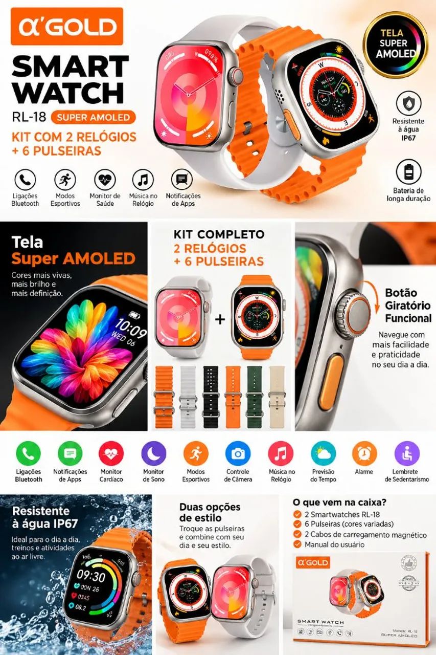  kit com 2 relógios + 6 pulseiras Gold - Smartwatch  - Foto 3