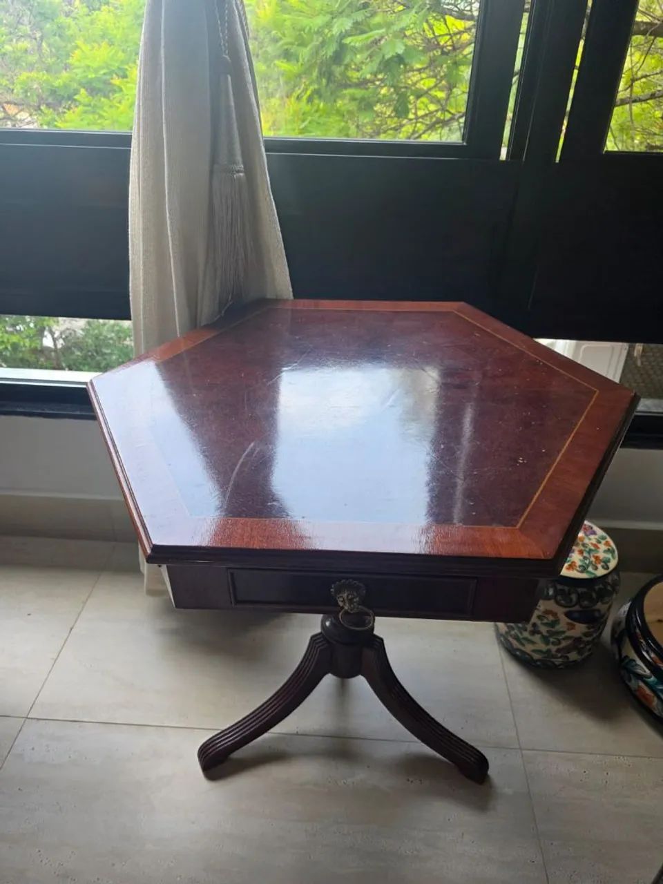Mesa apoio hexagonal madeira com gavetas vintage