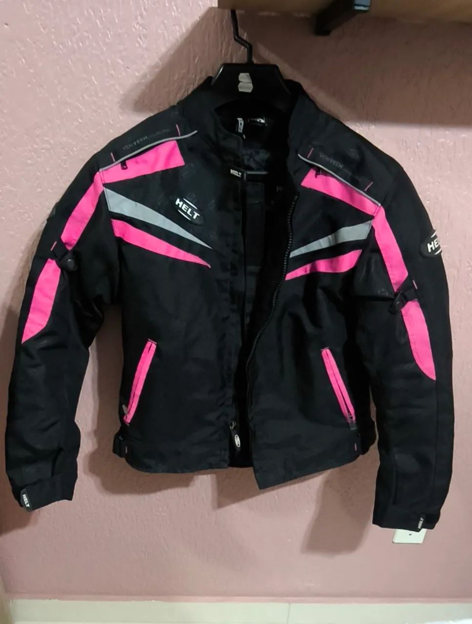 Jaqueta de motociclista feminina preta e rosa tamanho SP