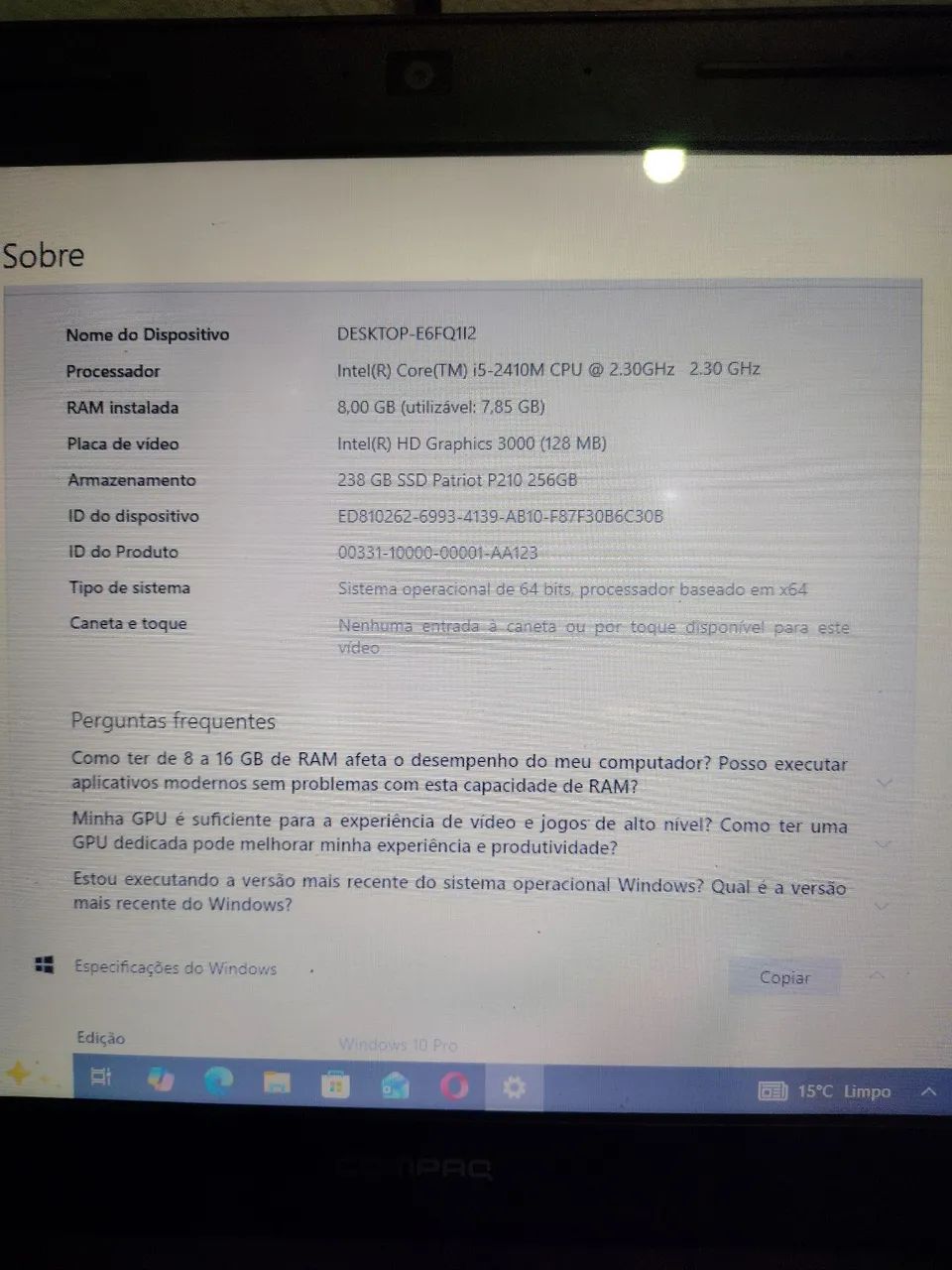 Notebooki5 8 ram SSD não tem a bateria  - Foto 2
