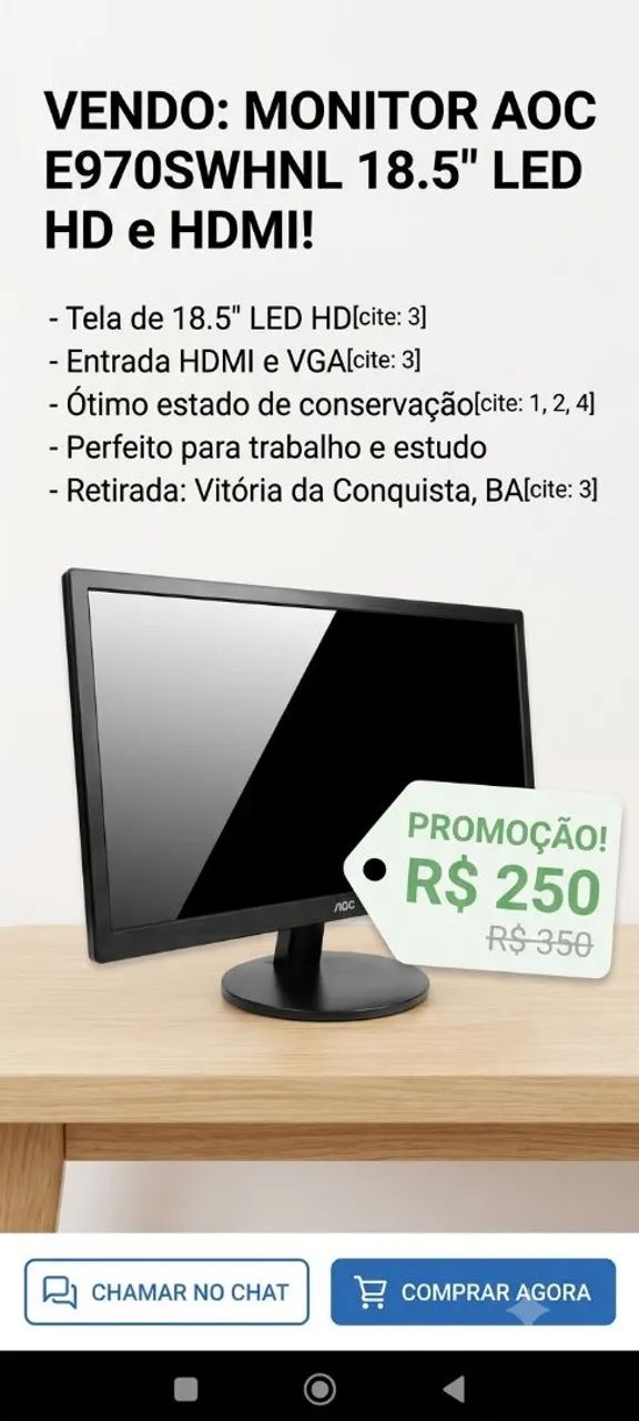 Monitor AOC 18.5" LED HD com HDMI - Modelo E970SWHNL