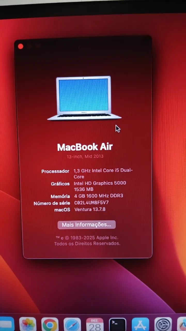 Macbook air 13 mid 2013 | i5 | 4gb | 128gb | Apple | Usado