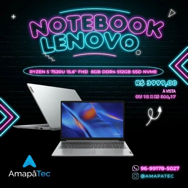 Notebook Lenovo AMD Ryzen 5 7520U 8gb 512gb