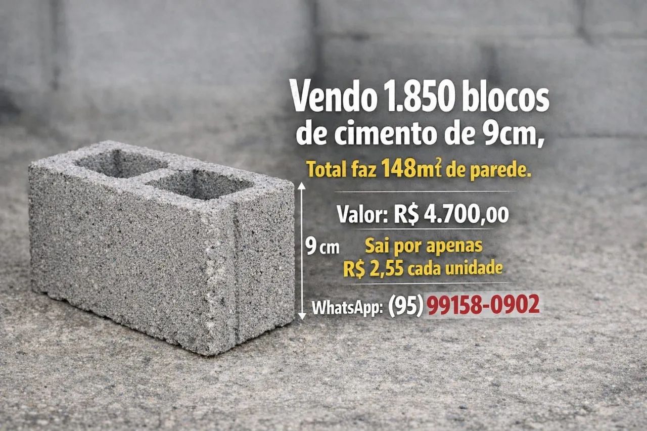 Vendo 1.850 Blocos de Cimento de 9 cm ENTREGA NA OBRA ,R$ 2,55 a un. Valor negociável