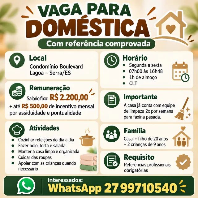 CONTRATA-SE DOMÉSTICA COM REFERÊNCIA