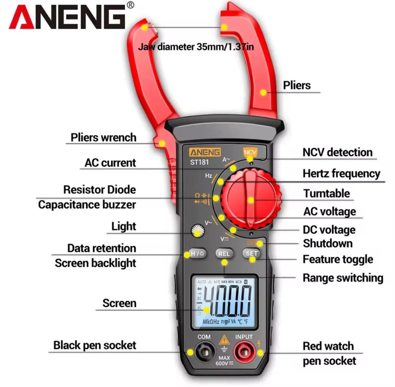 Alicate amperímetro ANENG-ST181 Digital Clamp Meter DC e AC - Foto 4