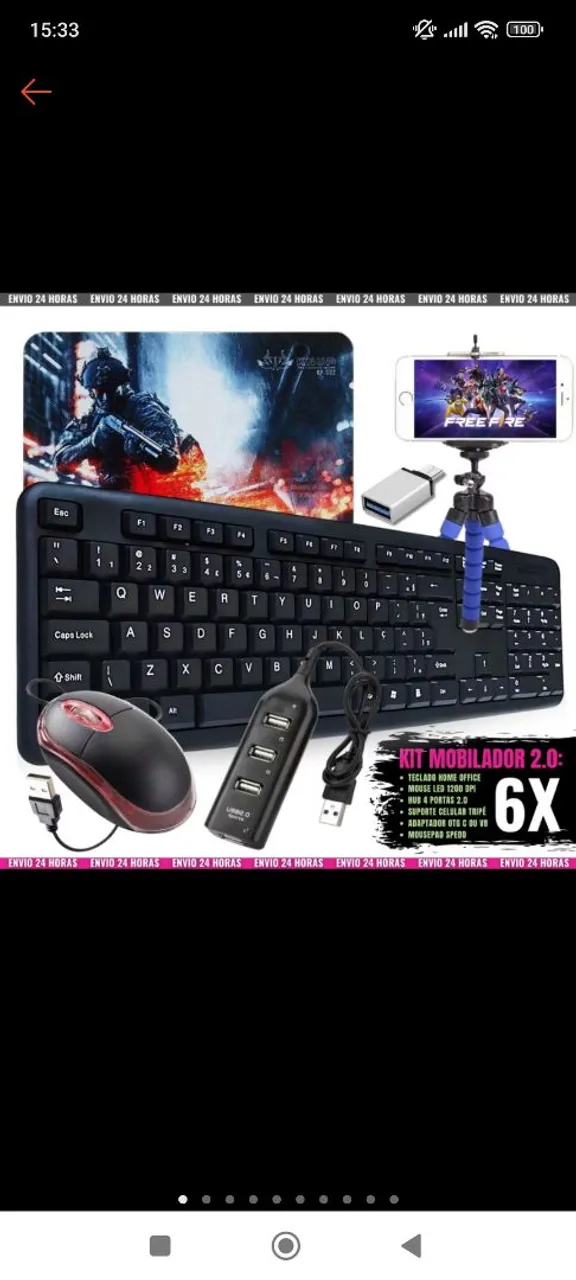 Kit Gamer Completo: Teclado, Mouse, Hub USB, Suporte para Celular e muito mais!