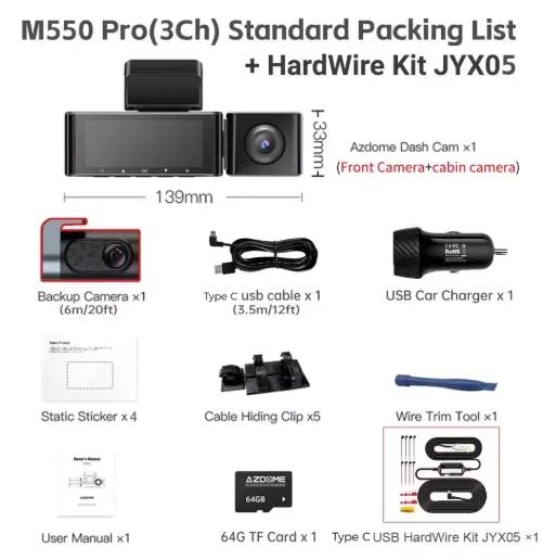 Azdome dash cam m550 pro conjunto com kit de fio rígido 4k + 1080p 3.19 "ips 5.8ghz wifi g - Foto 2
