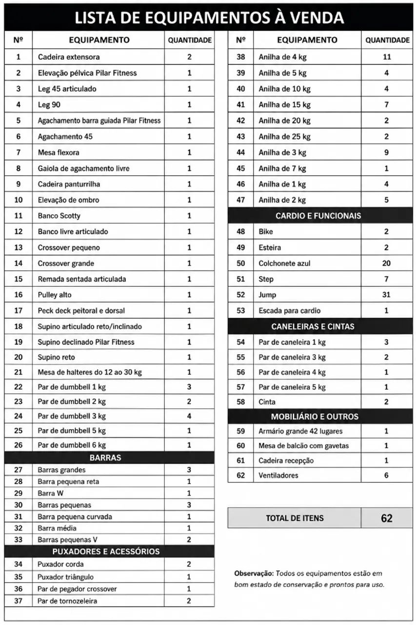 Academia Completa à Venda - Lote de Equipamentos