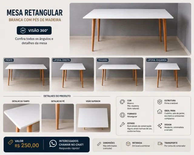 Mesa branca com pés de madeira
