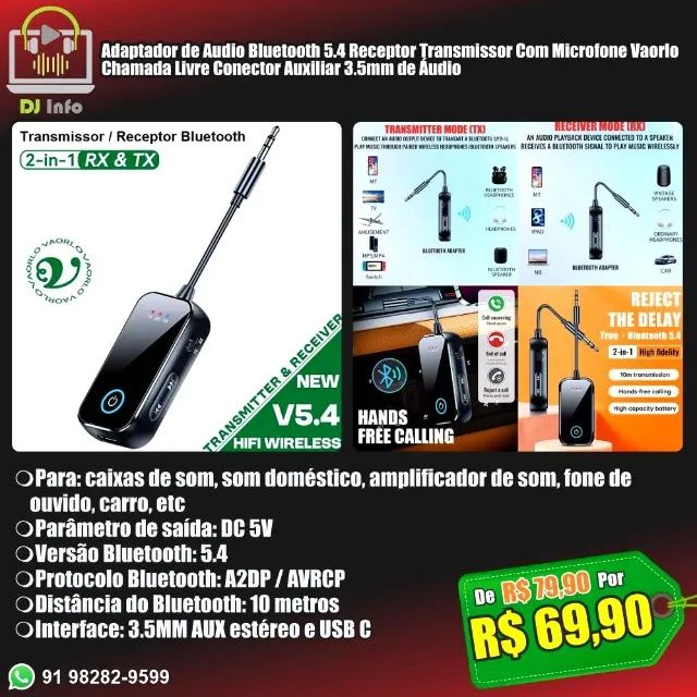 Adaptador de Audio Bluetooth 5.4 Receptor Transmissor Com Microfone Vaorlo