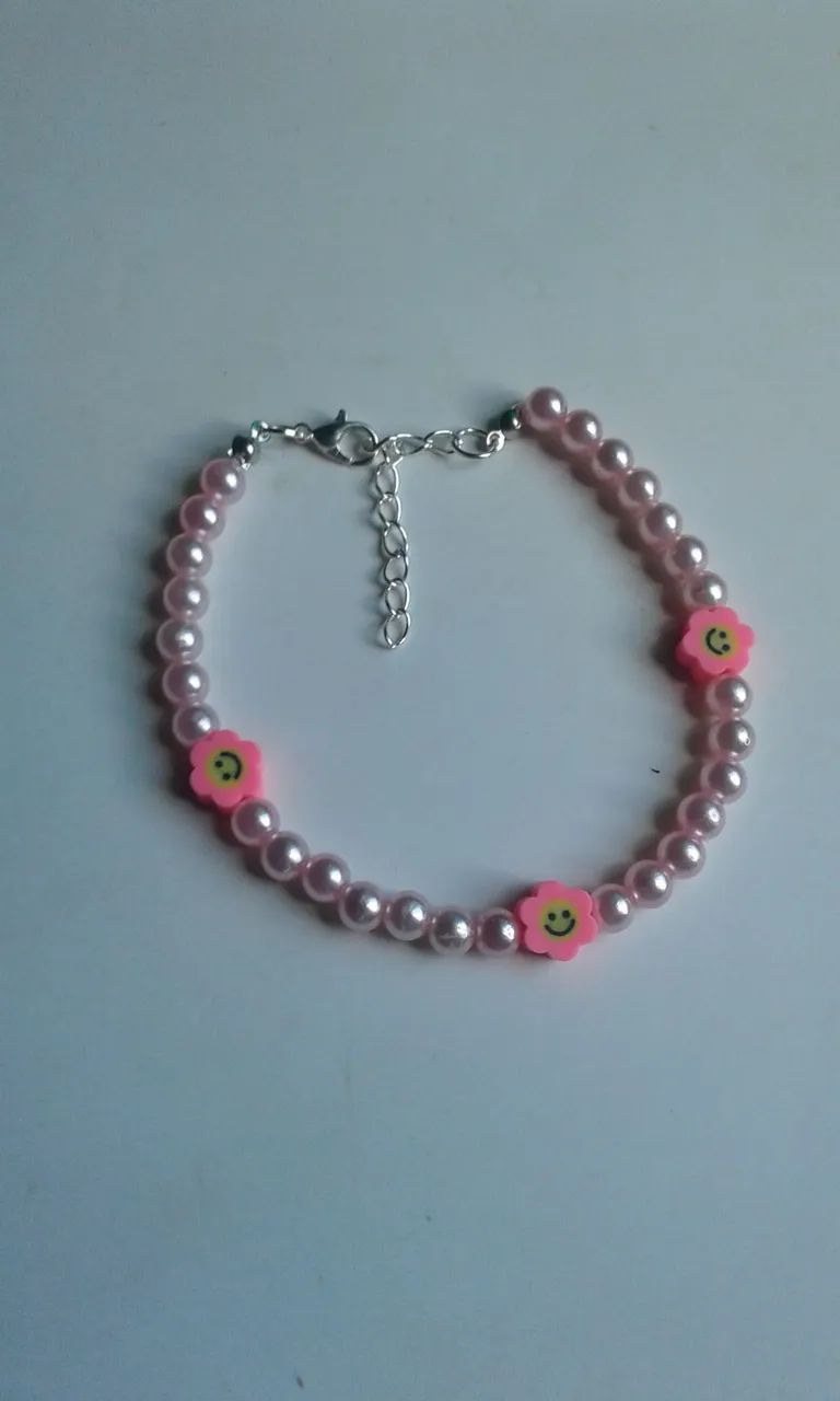 Colar choker feminina de pérolas rosa com flor conjunto com pulseira tamanho do colar P 35 - Foto 3