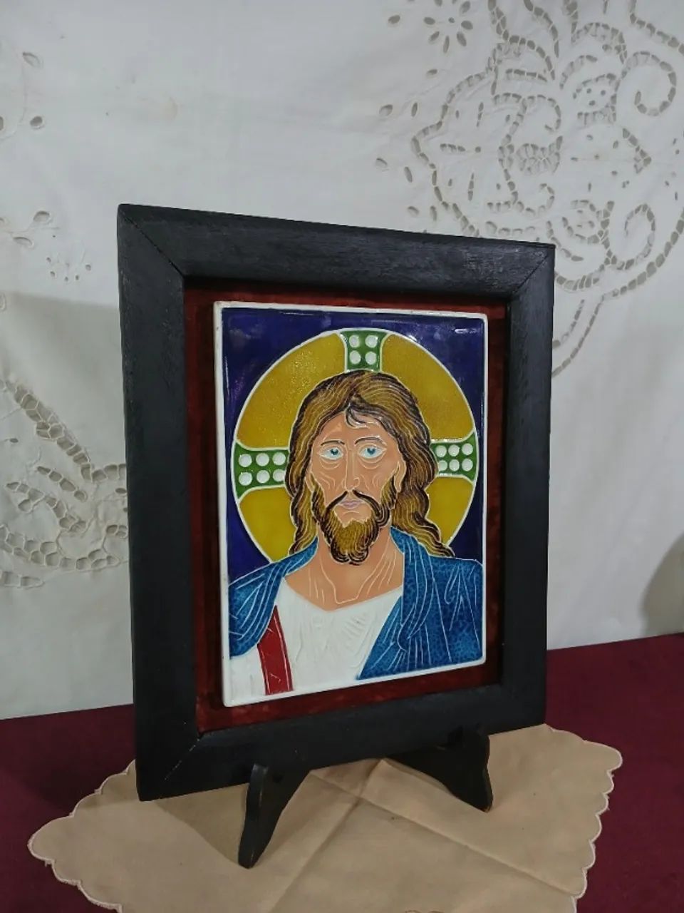 Antiga Quadro Com Placa Jesus Cerâmica Esmalta - Foto 2