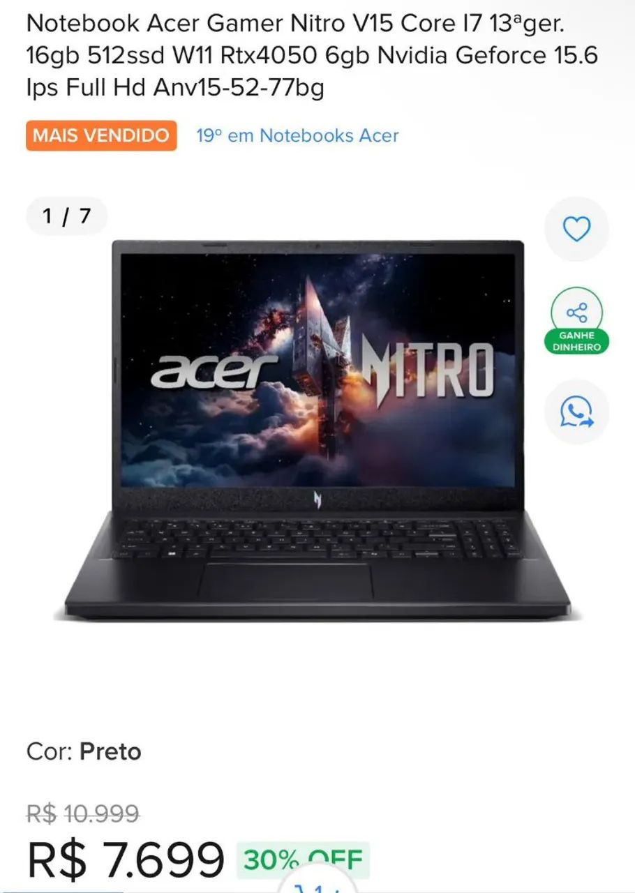 Notebook GAMER Acer Nitro v15