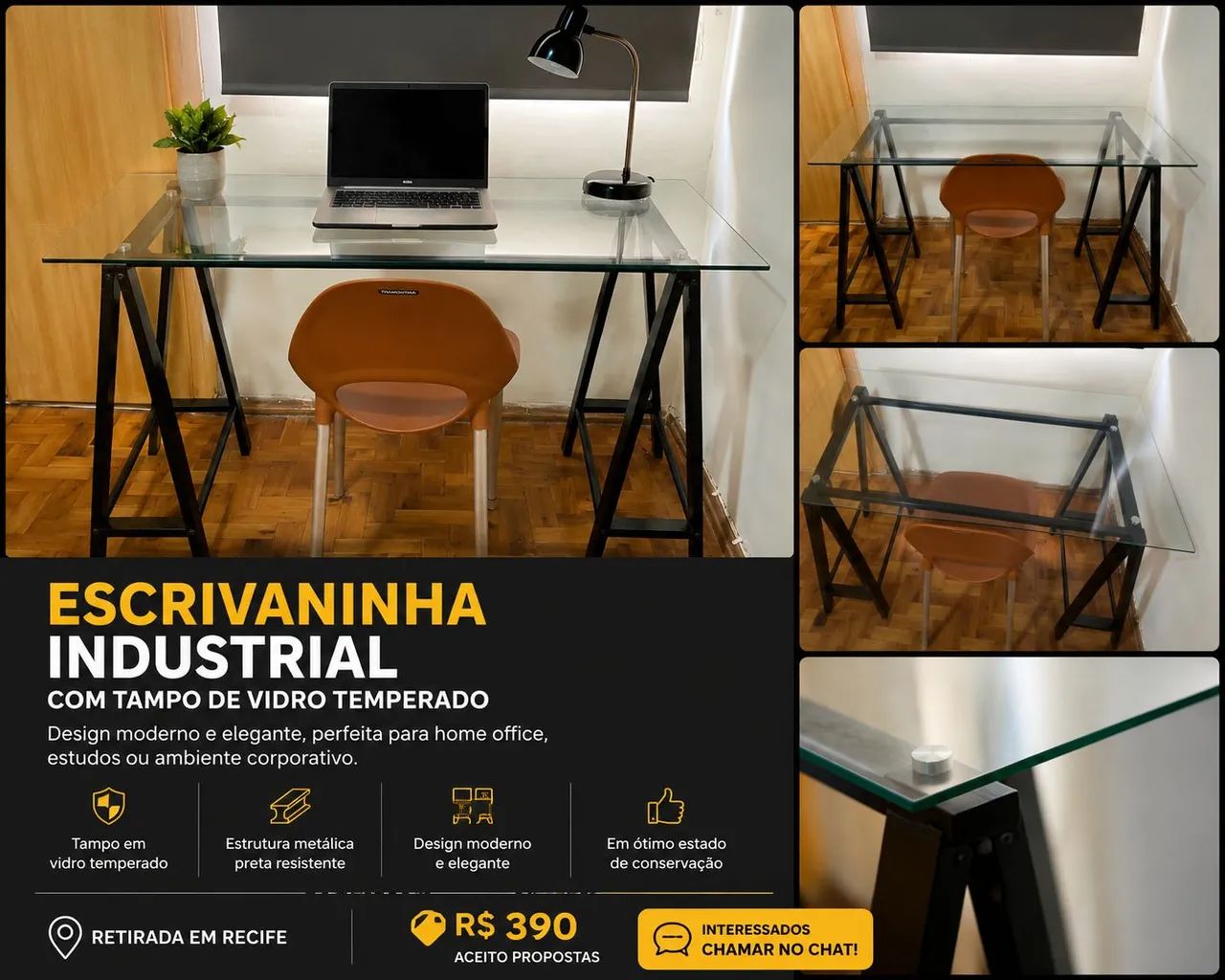 Escrivaninha Industrial Com Tampo de Vidro Temperado