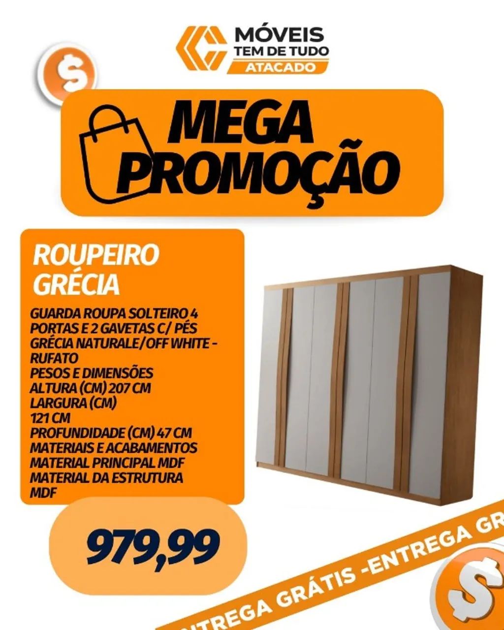 SUPER PROMOÇÃO ROUPEIRO GRÉCIA SOLTEIRO