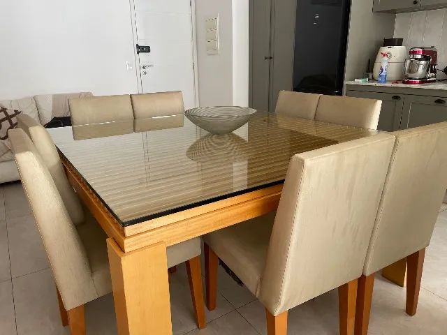 Mesa de Jantar em Madeira Maciça com Tampo de Vidro + 8 Cadeiras - Foto 3