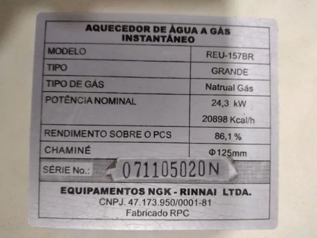 Aquecedor de água a Gás Natural - Rinnai - Modelo REU-157 BR - 15 Litros GN - Foto 2