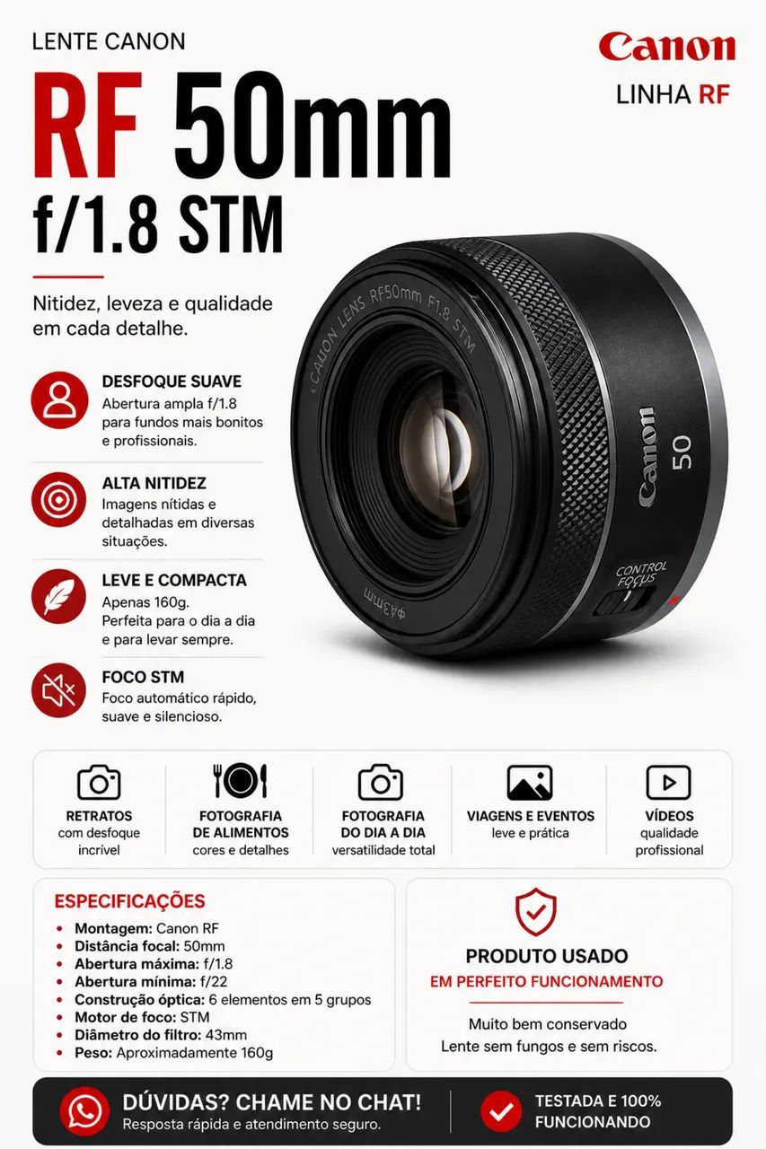 LENTE CANON RF 50MM F/1.8 STM - Câmeras e Filmadoras - Alvorada