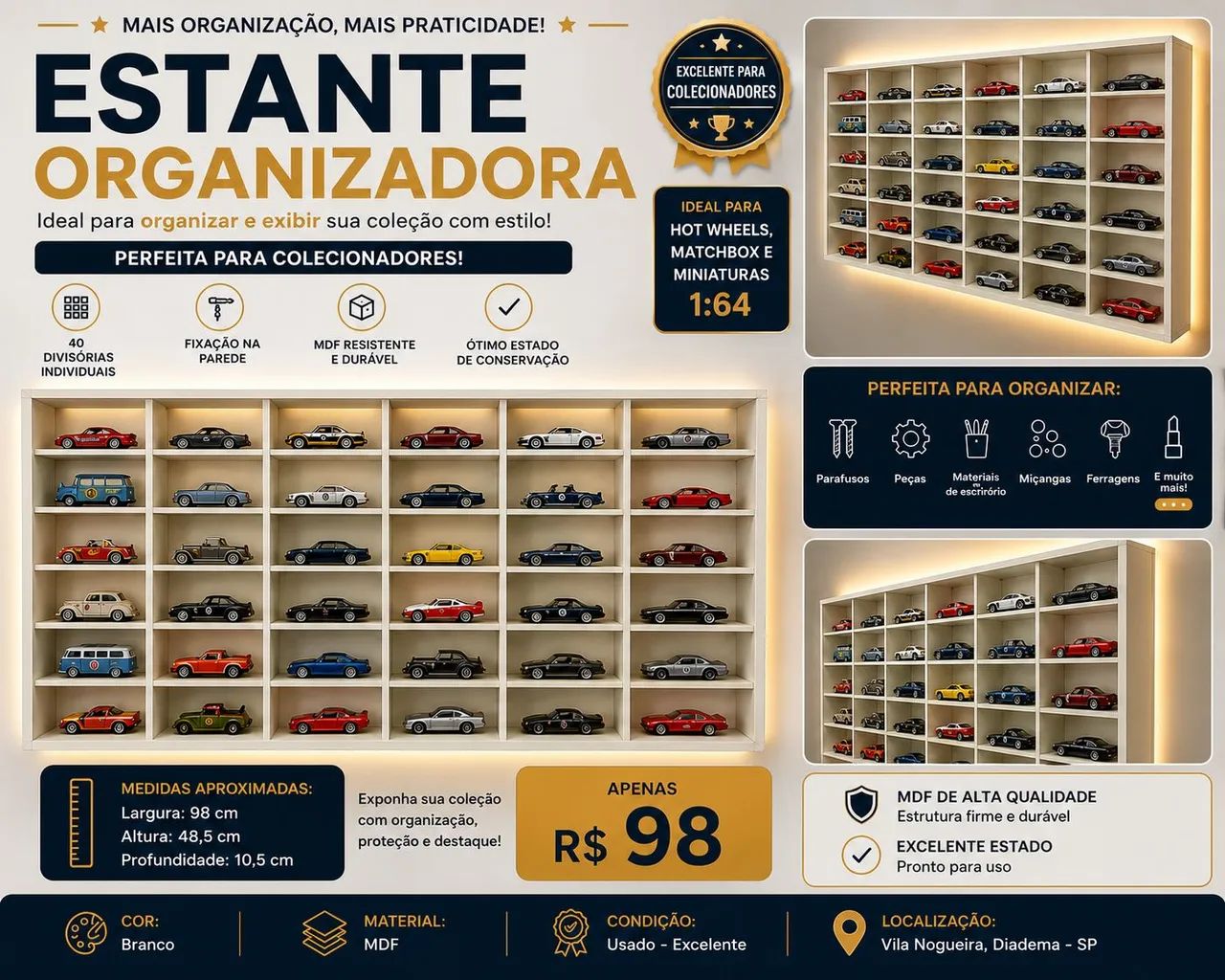 Estante Organizadora para Hot Wheels, Matchbox e Miniaturas - 40 Nichos - R$ 98