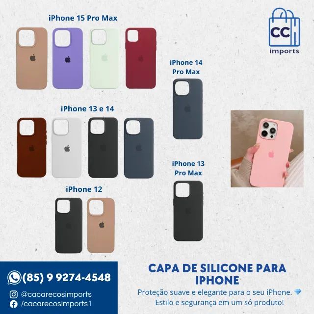 Capa de Silicone Compatível com iPhone 15 Pro Max, 15, 14 Pro Max, 14, 13 Pro Max, 13 e 12