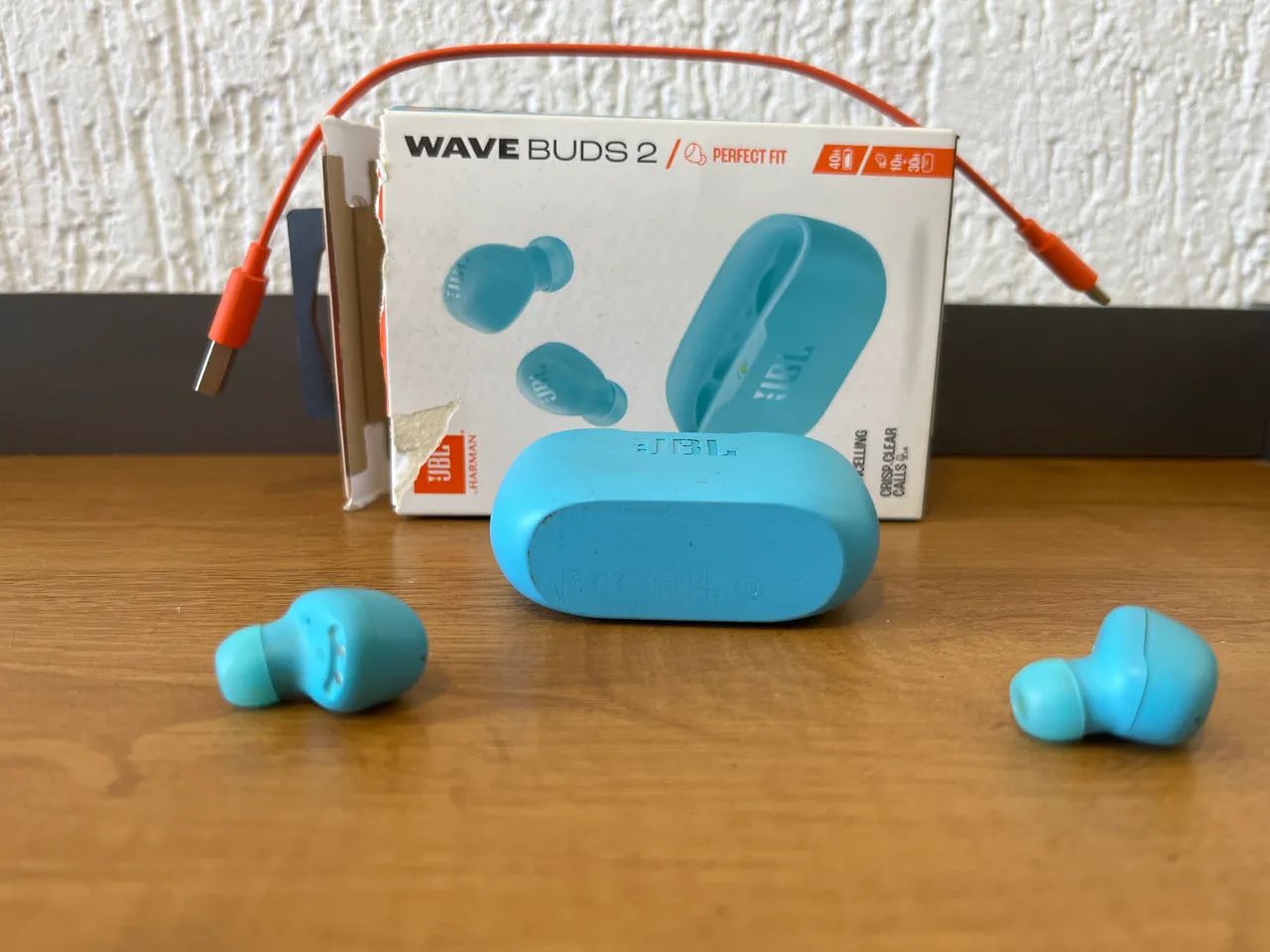 Fone de Ouvido Bluetooth JBL Wave Buds 2 Azul - Original com Caixa e Cabo