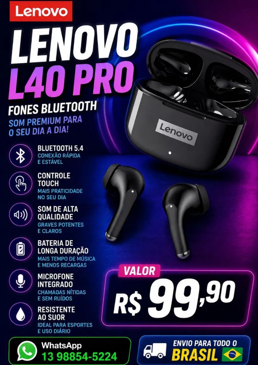 FONE BLUETOOTH LENOVO L40 PRO ORIGINAL 