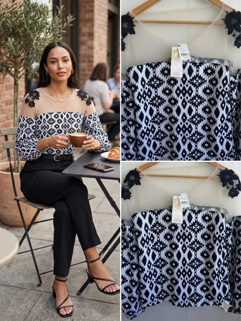 Blusa feminina estampa geométrica e transparencia 
