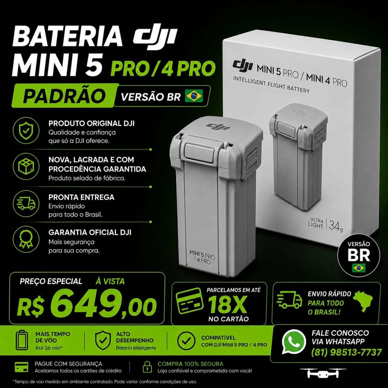 Bateria Drone DJI mini 4 pro/5 pro PADRAO/BR( Em até 18X)